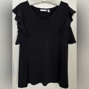 Susan Graver Women's Plus Sz 2X Liquid Knit Top with Crochet Trim Black